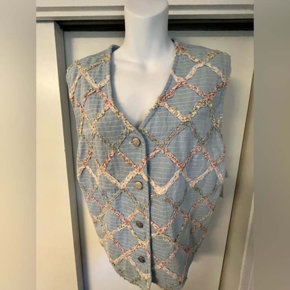 Vintage Light Blue Crochet-Detail Quilted Vest - Picture 2 of 11